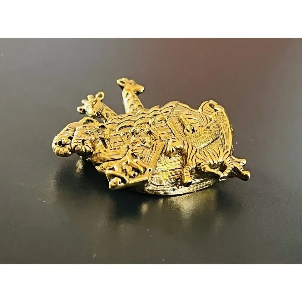 Vintage Noahs Ark Brooch Pin Signed Gold Tone Animals Boat Giraffe Elephant Avon
